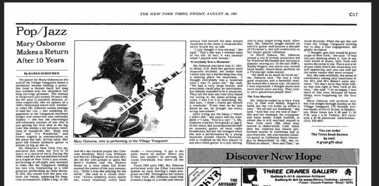 1991.08.30 NYT Clipping (Mary Osborne Makes A Return After 10 Years)